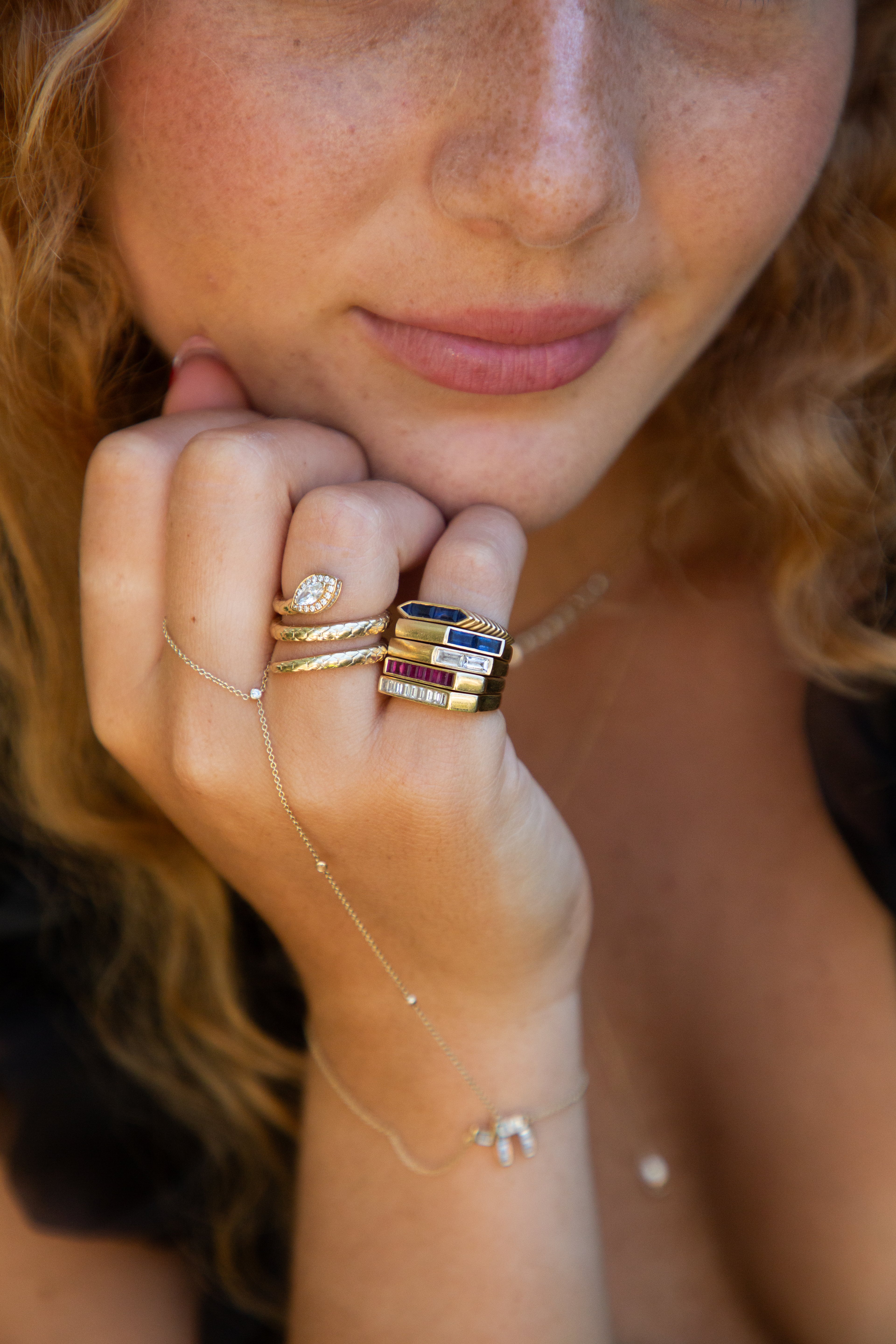 Apex Bar Ring in 14K Gold with Blue Baguette-Cut Sapphires on model