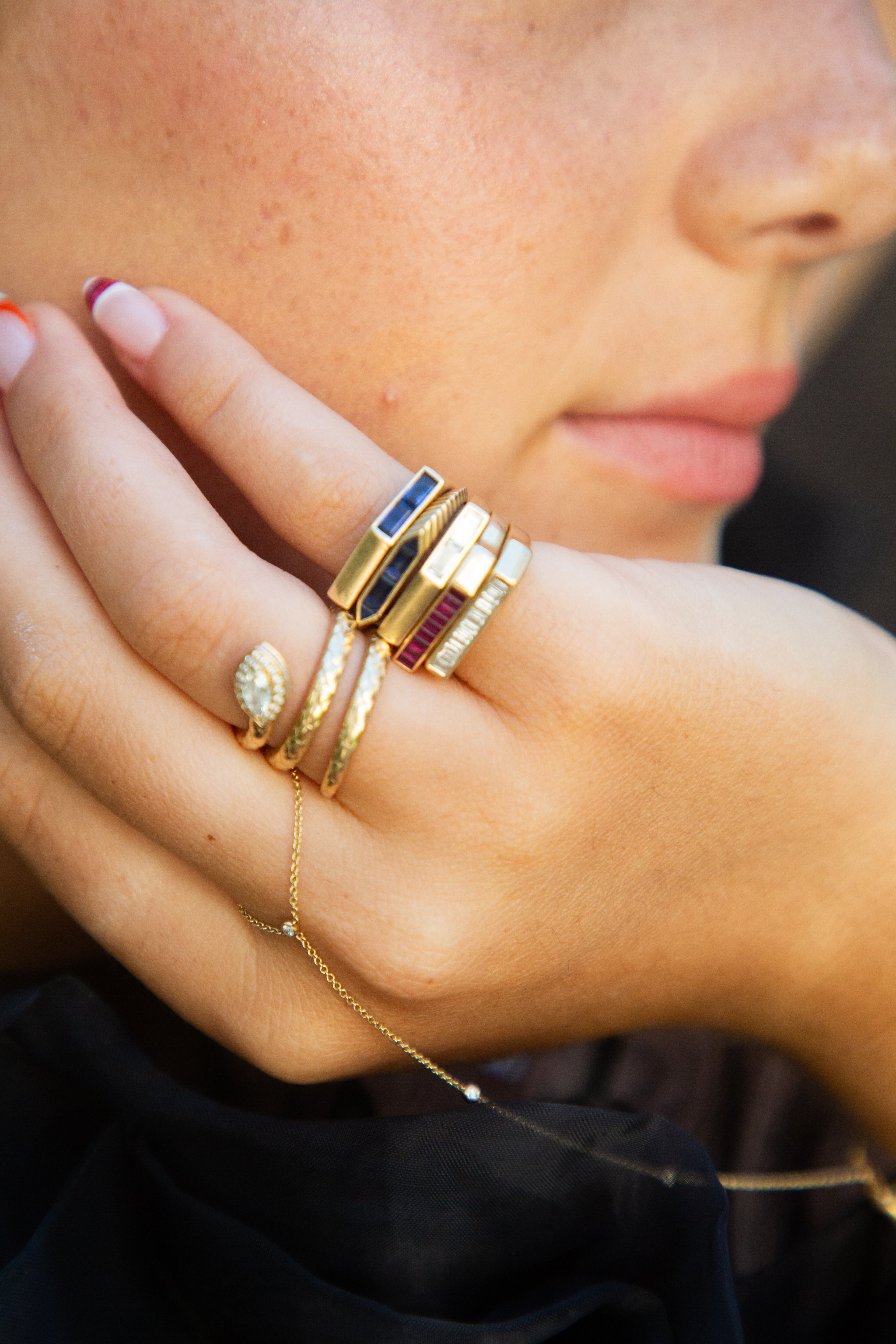 Parallel Bar Ring in 14K Gold with Natural Diamonds or Rubies on model| Les Petit Jewels