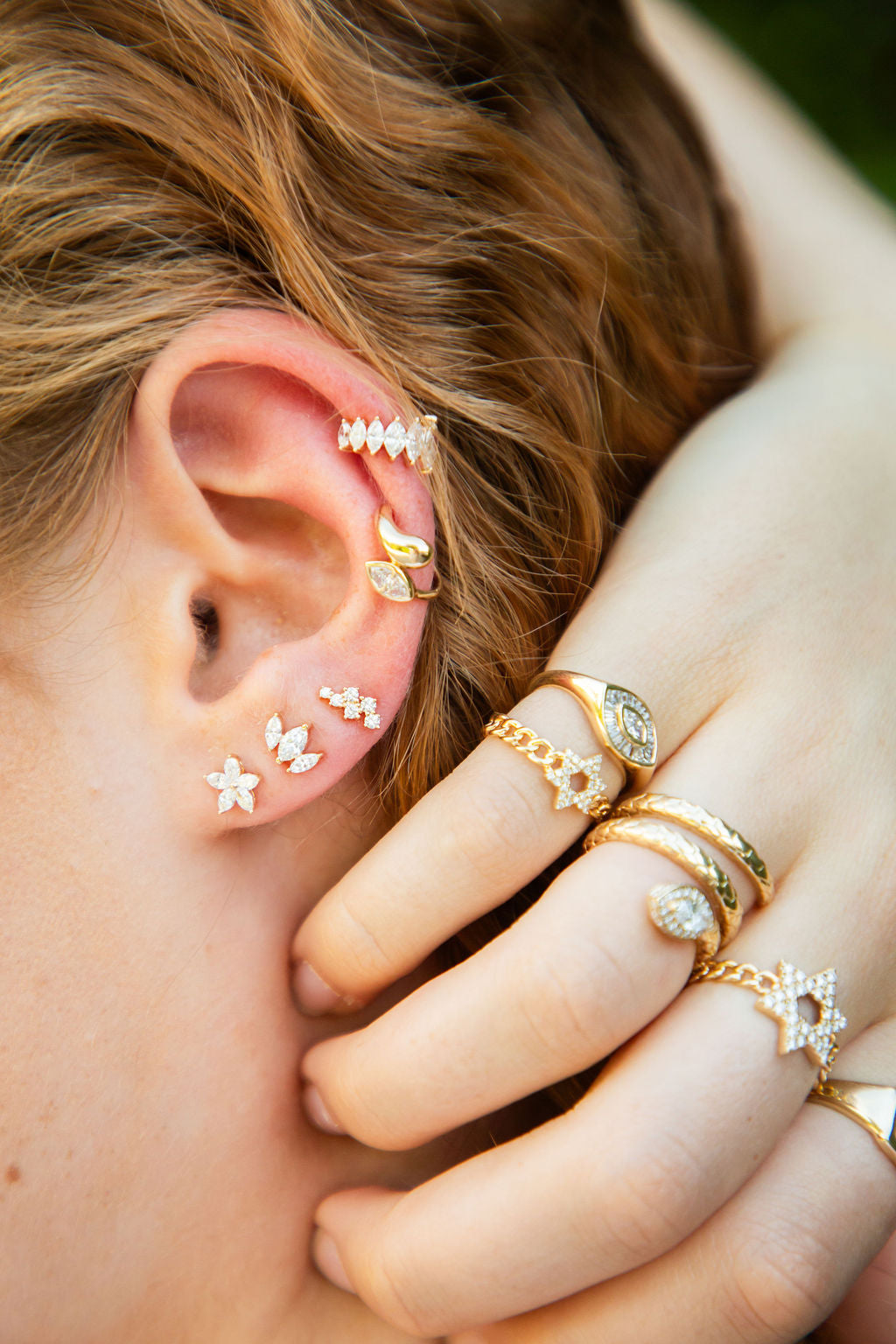 Lumière Marquise Ear Cuff in 14K Gold with Natural Marquise-Cut Diamonds on model 