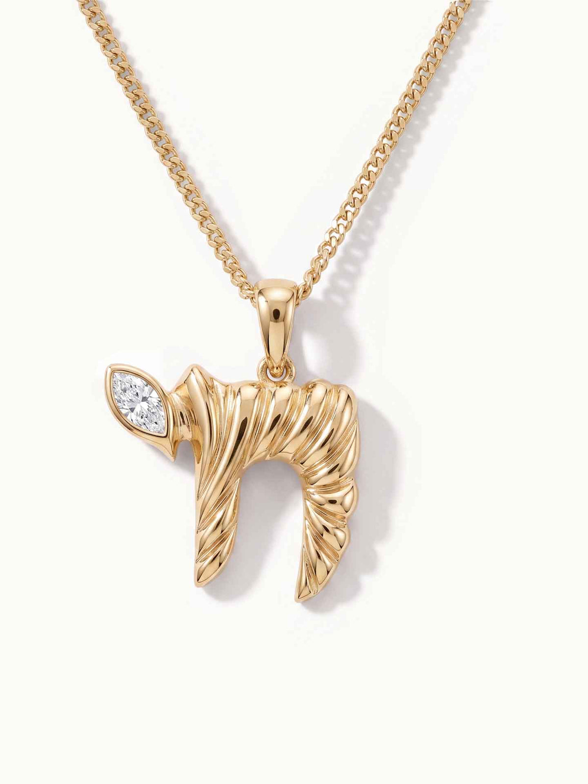 Eden Chai Necklace in 14K gold with a marquise diamond, close-up