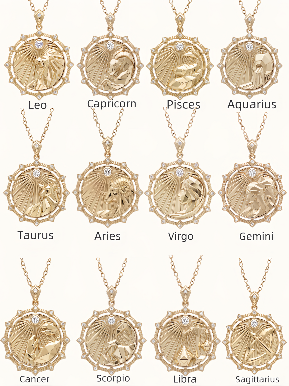 Zodiac Medallion necklace in 14K gold, all 12 zodiac signs